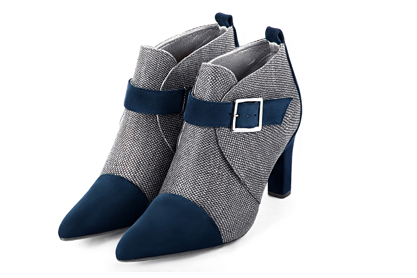 Navy blue and dark grey women's ankle boots with buckles at the front. Tapered toe. High kitten heels. Front view - Florence KOOIJMAN